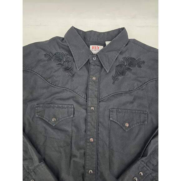 ELY Diamond Western Shirt Black Embroidered Roses XL Vintage Made in Korea - Picture 2 of 5